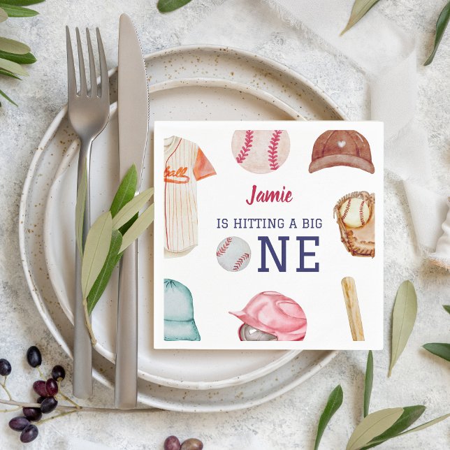 Guardanapo De Papel Primeiro aniversario Big One Boy Baseball (Hitting a Big One Baseball 1st Birthday Napkin)