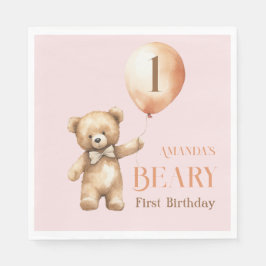 Guardanapo De Papel Primeiro aniversario de Beary Bear Rosa Minimalist
