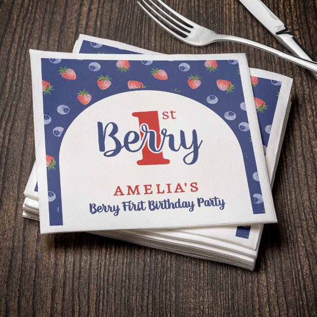 Guardanapo De Papel Primeiro aniversario de Berry Strawberry Blueberry (Berry 1st Birthday Party Strawberry Blueberry Blue Napkins
)