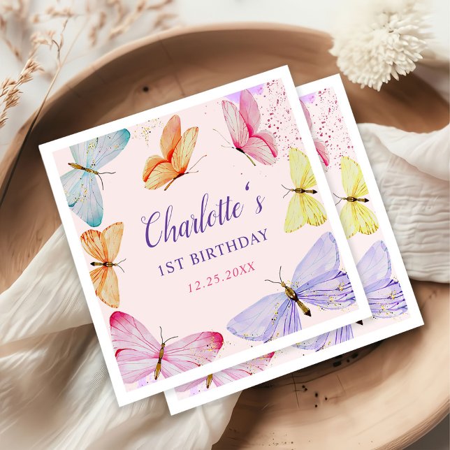 Guardanapo De Papel Primeiro aniversario de Borboleta de Aquarela (Criador carregado)