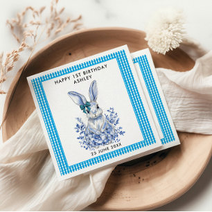Guardanapo De Papel Primeiro aniversario de Coelho Floral Azul para Cr