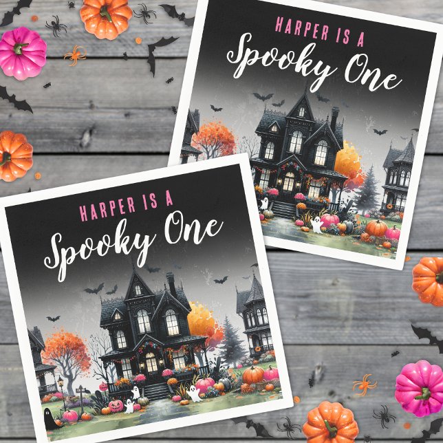 Guardanapo De Papel Primeiro aniversario de Dia das Bruxas Rosa (Spooky One Pink Halloween 1st Birthday Napkins )