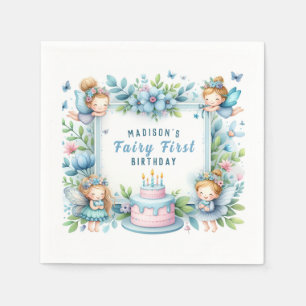 Guardanapo De Papel Primeiro Aniversário de Fada Floral em Pastel Azul