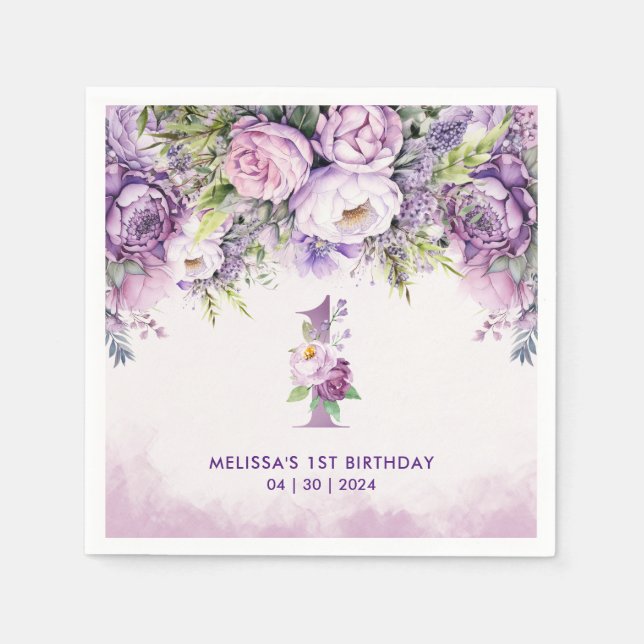 Guardanapo De Papel Primeiro aniversario de Flores de Jardim Roxo e Ro (Frente)