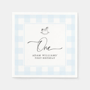 Guardanapo De Papel Primeiro aniversario de Gingham Azul, Cavalo Rocco