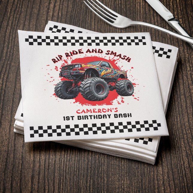 Guardanapo De Papel Primeiro aniversario de Sinalizador Verificado do  (Monster Truck Smash Checkered Flag 1st Birthday Napkins
)