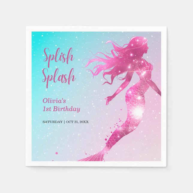 Guardanapo De Papel Primeiro aniversario de Splash Smermaid Baby Girl (Frente)