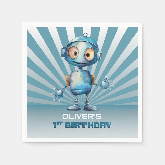 Guardanapo De Papel Primeiro aniversario de Tema Robô Azul (Frente)