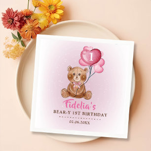 Guardanapo De Papel Primeiro aniversario do Balão do Urso Rosa