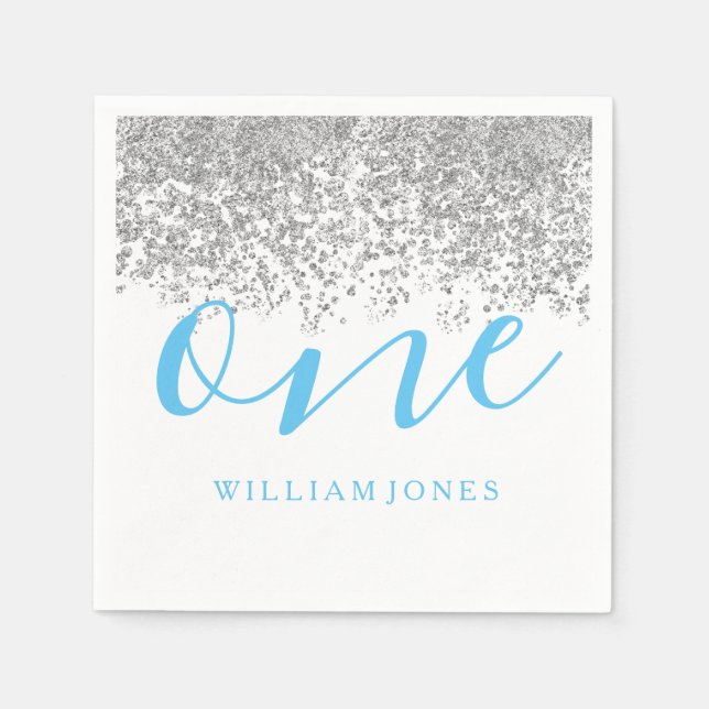 Guardanapo De Papel Primeiro aniversario do Silver Glitter Blue Boys (Frente)