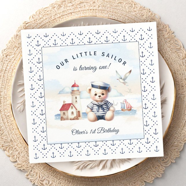 Guardanapo De Papel Primeiro aniversario do Urso de Corte Náutico (Nautical Sailor Cute Bear 1st Birthday Napkins)