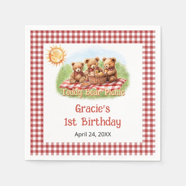 Guardanapo De Papel Primeiro aniversario Picnic do Red Teddy Bear (Frente)