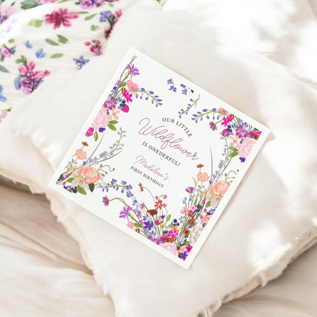 Guardanapo De Papel Primeiro aniversario Primavera de flor selvagem mo (Modern Cute Spring Boho Wildflower 1st Birthday Napkins)