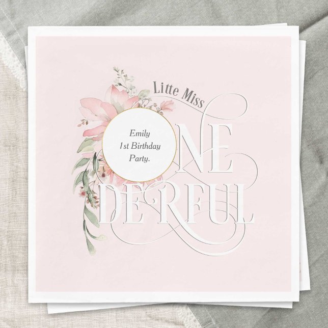 Guardanapo De Papel Primeiro aniversario Rosa Menina Onederland (Pink Baby Girl 1st Birthday, Little Miss Onederland Themed Birthday Party Paper napkin.)