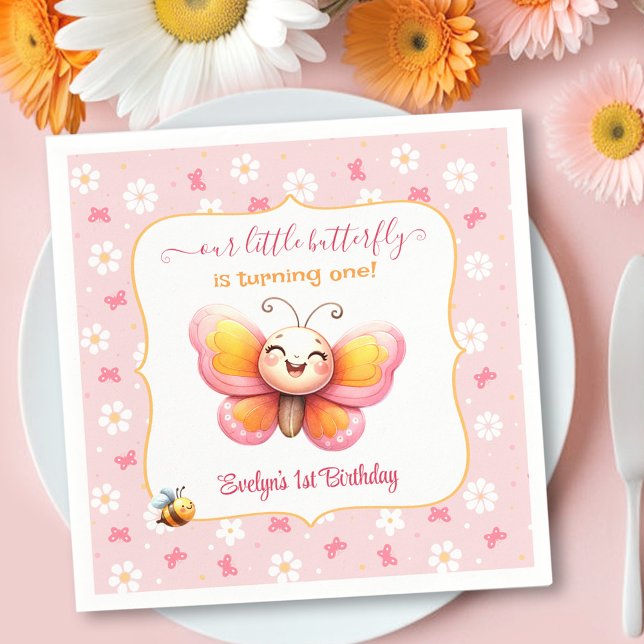 Guardanapo De Papel Primeiro aniversario Rosa Rosa-Butterfly (Cute Butterfly Pink Floral Girl 1st Birthday Napkins)