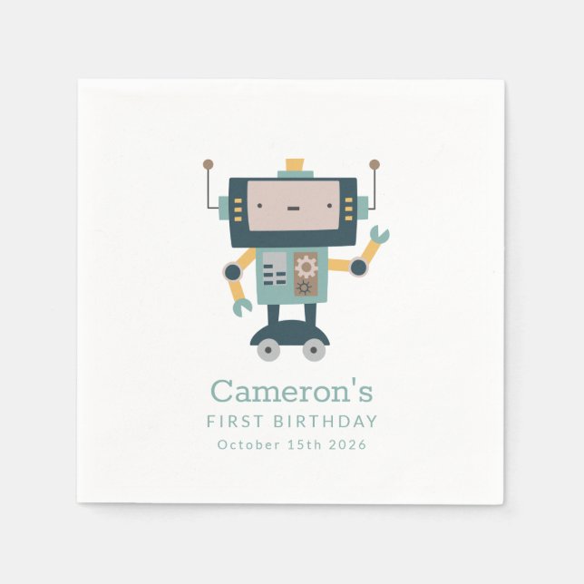 Guardanapo De Papel Primeiro aniversario Simples de Lâminas Robôs Azui (Frente)