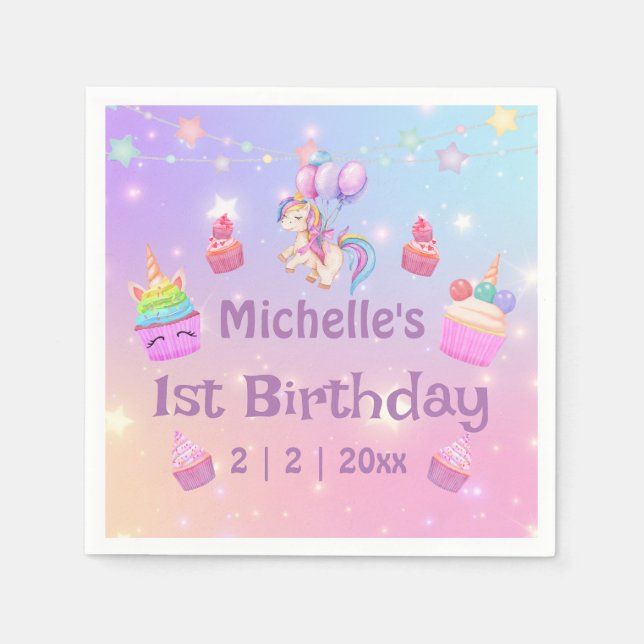 Guardanapo De Papel primeiro aniversario unicórnios cupcakes super div (Frente)