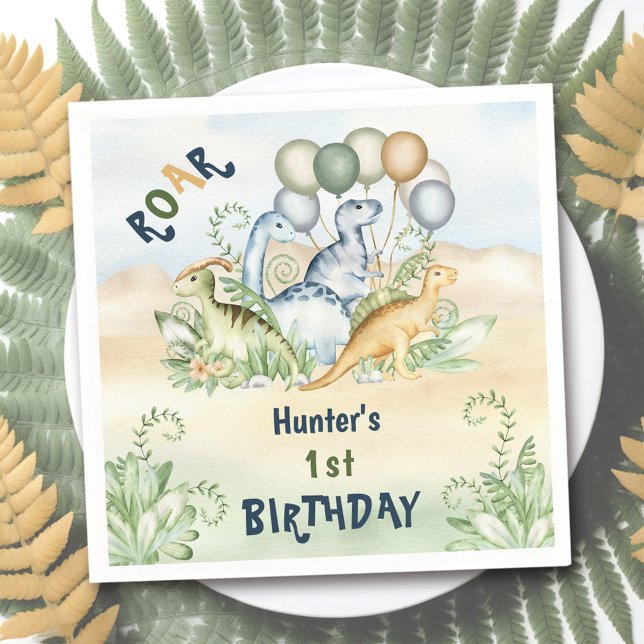Guardanapo De Papel Primeiro aniversario Verde Azul Pastel do Dinossau (Dinosaur Boy Pastel Blue Green 1st Birthday Napkins)