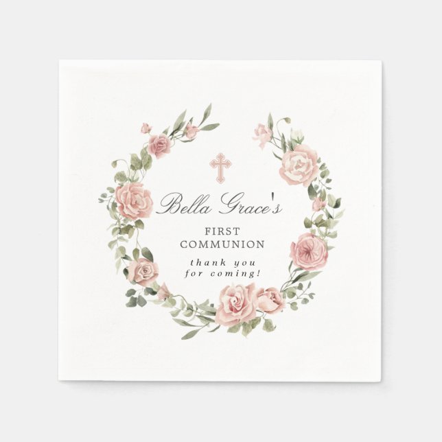Guardanapo De Papel Primeiro Comunhão Floral Rosa Napkins (Frente)