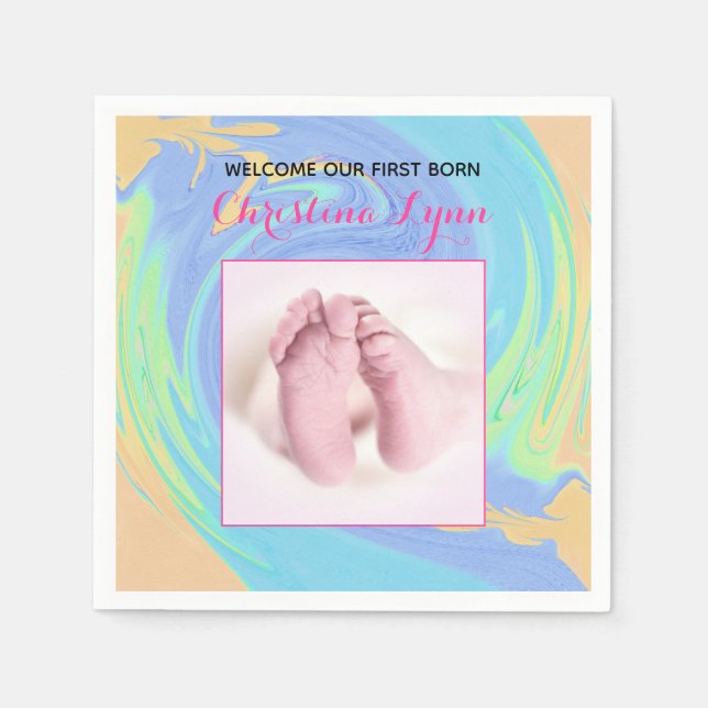 Guardanapo De Papel Primeiro Nascer rosa e pastel com fotografia (Frente)