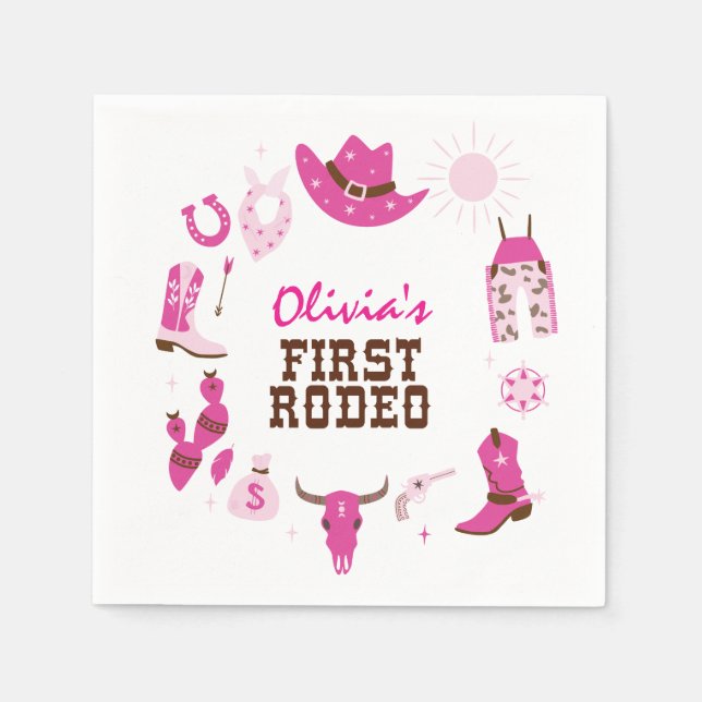 Guardanapo De Papel Primeiro Rodeio Rosa Caubói Ocidental Aniversário  (Frente)