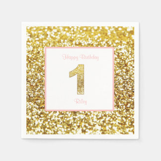Guardanapo De Papel Primeiros fraldos de aniversário rosa e ouro