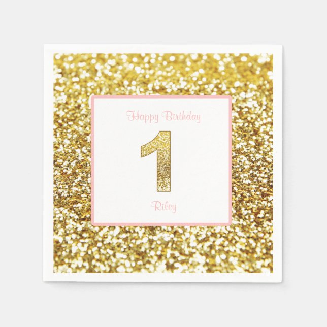 Guardanapo De Papel Primeiros fraldos de aniversário rosa e ouro (Frente)