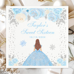 Guardanapo De Papel Princesa de Cabelo Castanho no Inverno Azul Doce D