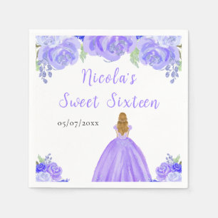 Guardanapo De Papel Princesa de Cabelo Loiro Floral Roxo Sweet Sixteen