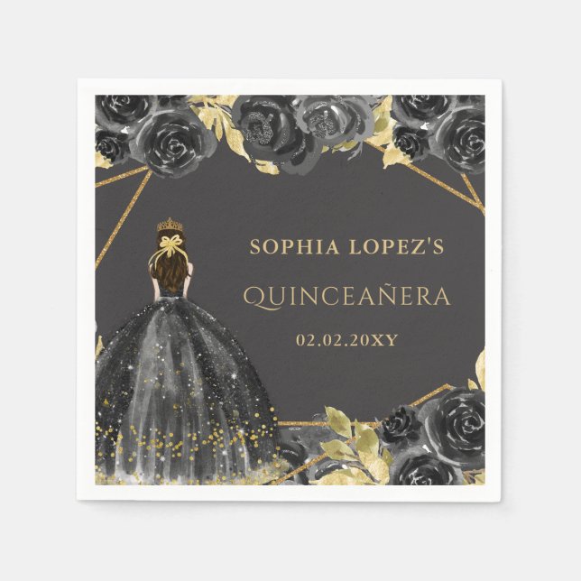 Guardanapo De Papel Princesa Floral Dourada Elegante Quinceanera (Frente)