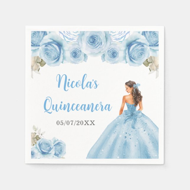 Guardanapo De Papel Princesa Floral, Quinceanera Azul (Frente)