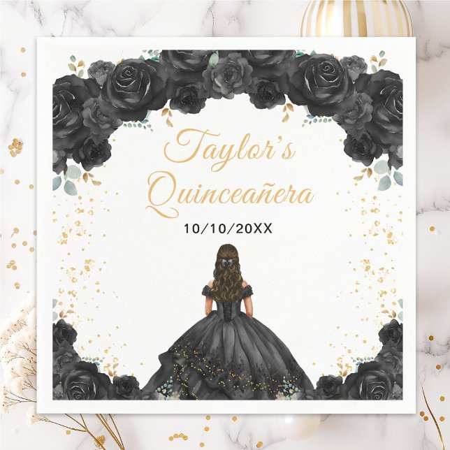 Guardanapo De Papel Princesa Negra Floral Quinceañera (Criador carregado)