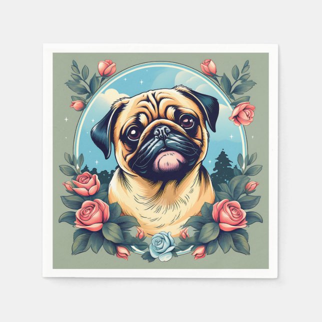 Guardanapo De Papel Pug Playful Dog Retrato Com Flores (Frente)