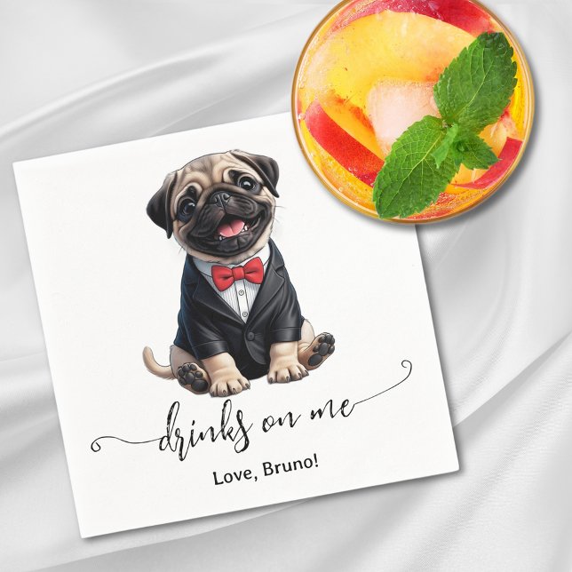 Guardanapo De Papel Pug Puppy Bebe No Casamento De Cachorro (Pug Puppy Drinks On Me Dog Wedding Napkins)