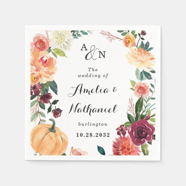 Guardanapo De Papel Pumpkin Elegant Fall Floral Themed Weding (Frente)