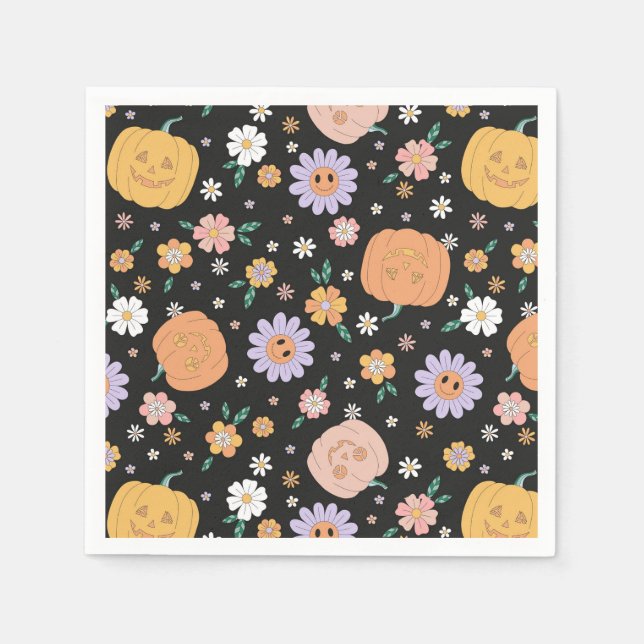 Guardanapo De Papel Pumpkins e Flores do Halloween Retro (Frente)