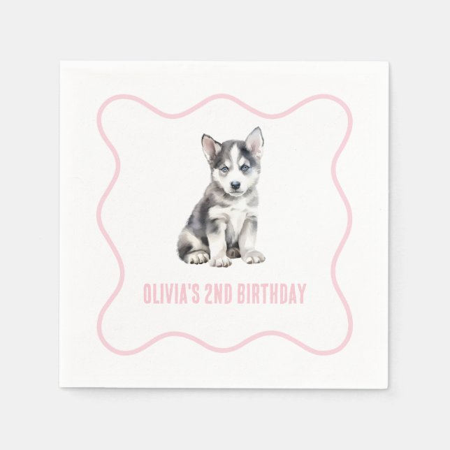Guardanapo De Papel Puppy husky preppy pink plaid birthday (Frente)