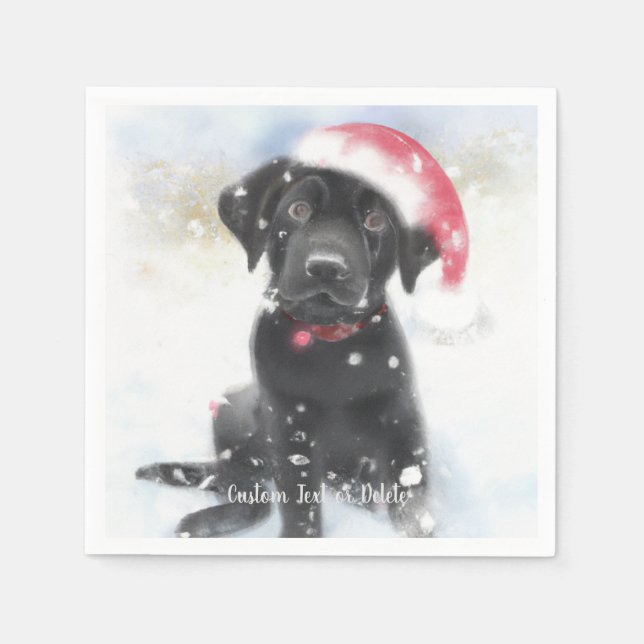 Guardanapo De Papel Puppy preto com chapéu de Natal personalizado (Frente)