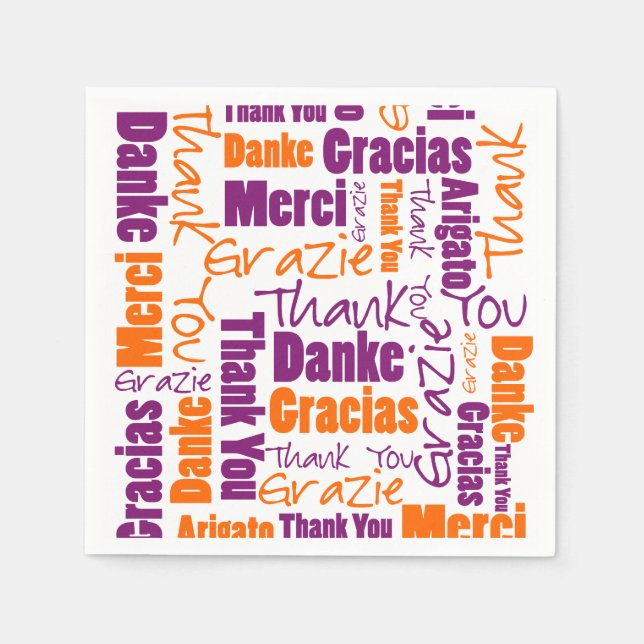 Guardanapo De Papel Purple e Orange Multilingual Obrigado (Frente)