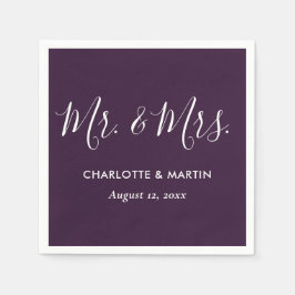 Guardanapo De Papel Purple Elegant Modern Script Mr. and Mrs. Wedding