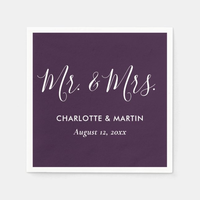 Guardanapo De Papel Purple Elegant Modern Script Mr. and Mrs. Wedding (Frente)