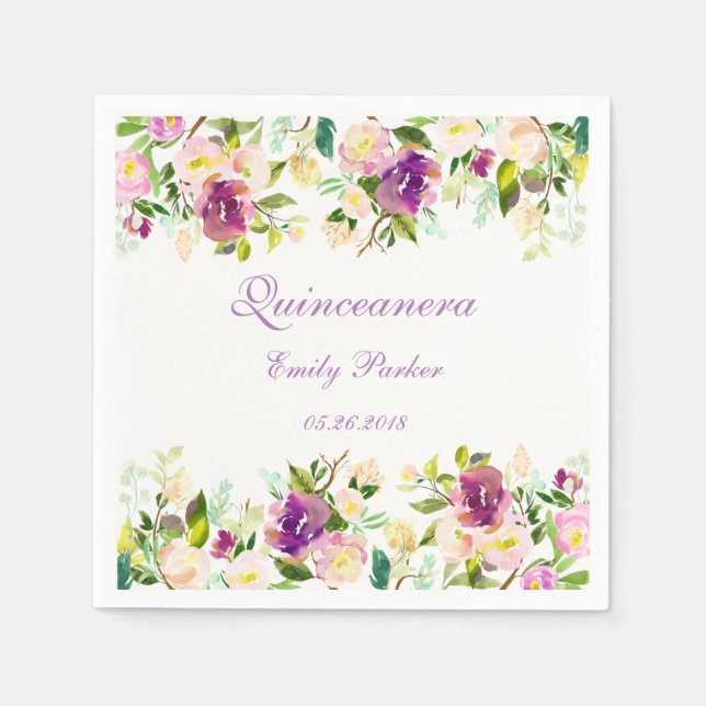 Guardanapo De Papel Purple Floral Elegante Quinceanera Napkin (Frente)