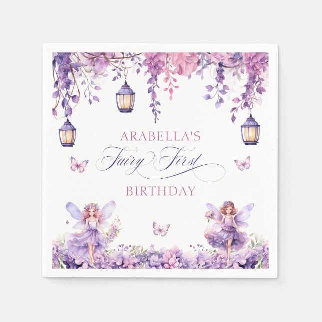 Guardanapo De Papel Purple Floral Fantasy Fairy First Birthday (Frente)