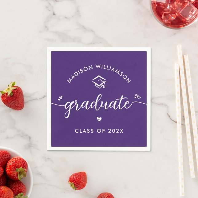 Guardanapo De Papel Purple Graduation Script Hearts Cap Icon Modern (Insitu)