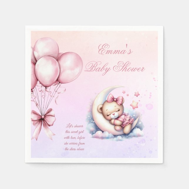 Guardanapo De Papel Purple Pink Moon Dreamy Baby Bear Baby Shower Napk (Frente)