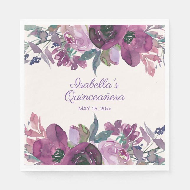 Guardanapo De Papel Purple Watercolor Floral Quinceañera Data (Frente)