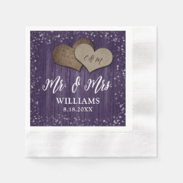 Guardanapo De Papel Purple Wood Burlap Hearts Mr & Mrs Wedding