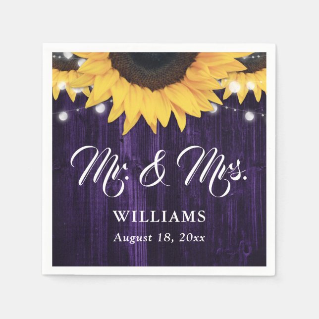 Guardanapo De Papel Purple Wood String Lights Sunflower Wedding (Frente)
