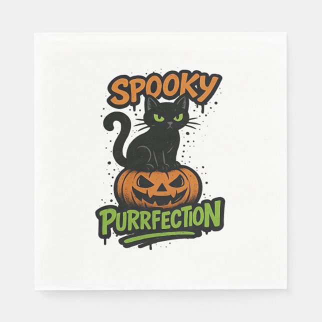 Guardanapo De Papel Pursão Spooky - Gato Preto Cuto em Pumpkin Hal (Frente)