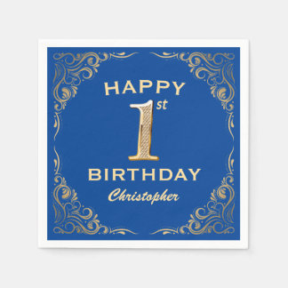 Guardanapo De Papel Quadro azul e brilhante Dourado do primeiro aniver